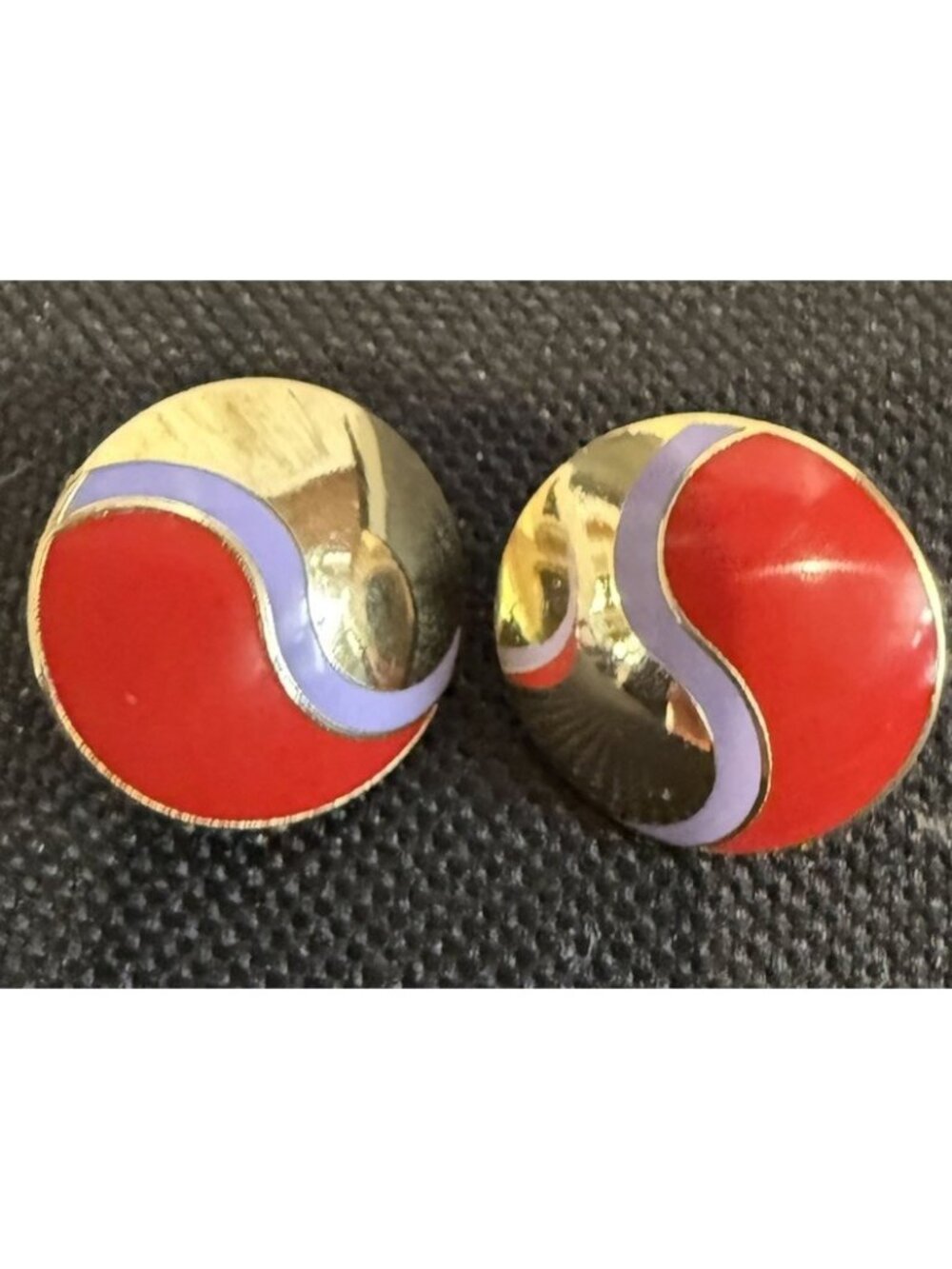 Vintage Laurel Burch Red Gold Yin Yang Enamel Pierced Earrings 5/8”